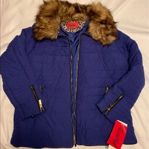 Cobalt blue puffer jacket with fur collar
